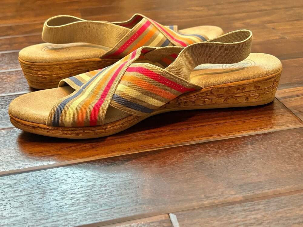 Charleston Shoe Co. Atlantic Stripe Elastic Cross-Strap Wedge Sandals Resort - Picture 9 of 15